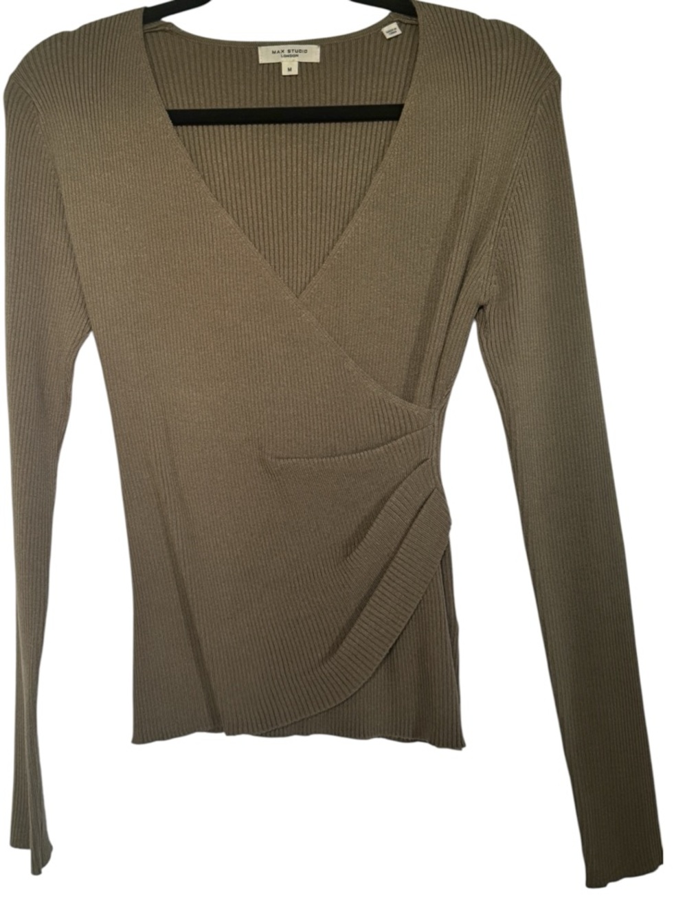 Max Studio Ribbed Wrap Top in Olive (Med.) NWOT